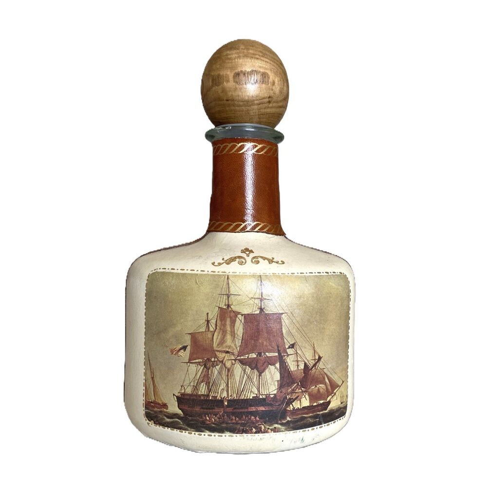VTG Fausto Corduri Leather-Wrapped Glass Decanter Clipper Ship Nautical Design